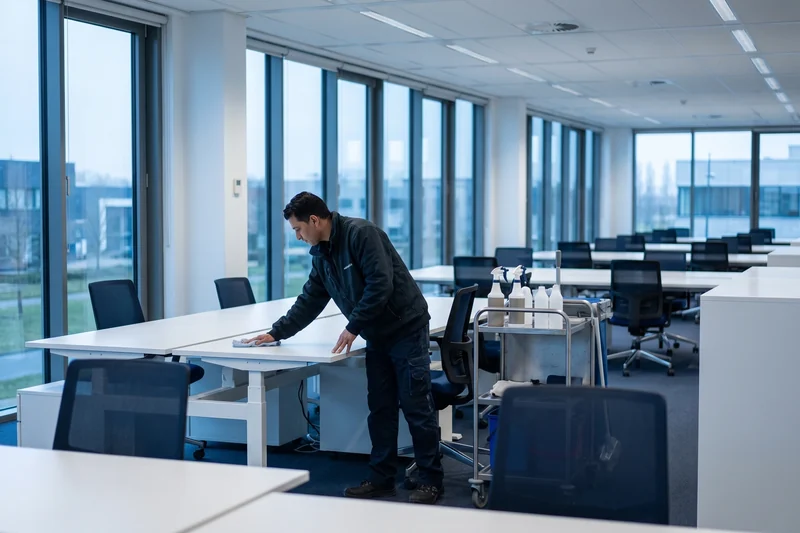Schoonmaker neemt vroeg in de ochtend de bureaus na in een lege kantoortuin