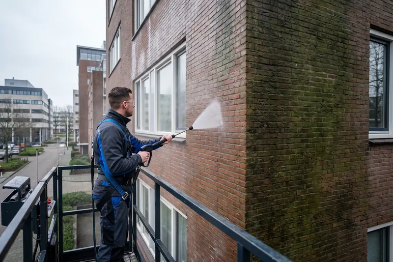 Softwash met lage druk op een bakstenen gevel; links de behandelde helft, rechts nog groene aanslag