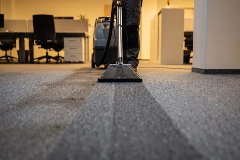 Sproei-extractiemachine trekt een zichtbaar schoner spoor door kantoortapijt
