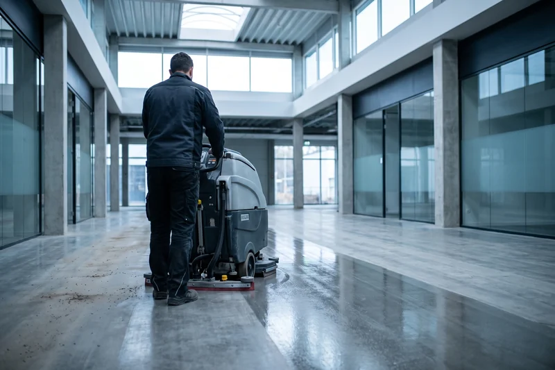 Schrobzuigmachine laat een glanzend schoon spoor achter op een bedrijfsvloer